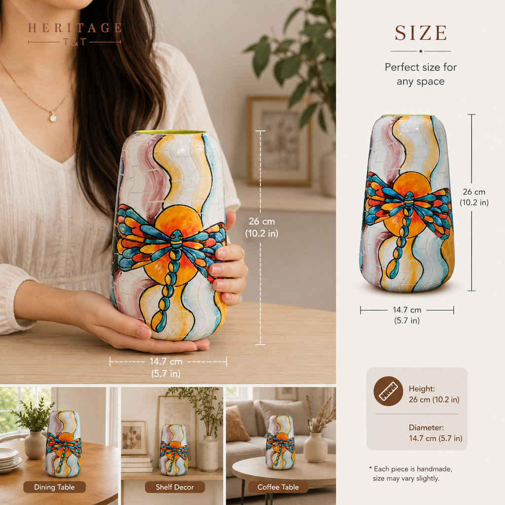 Handmade Mosaic Ceramic Vase – Dragonfly Design  – 26 cm (10.2 in) – Home Décor – Heritage T&T Mosaic Collection – Bat Trang Vietnam