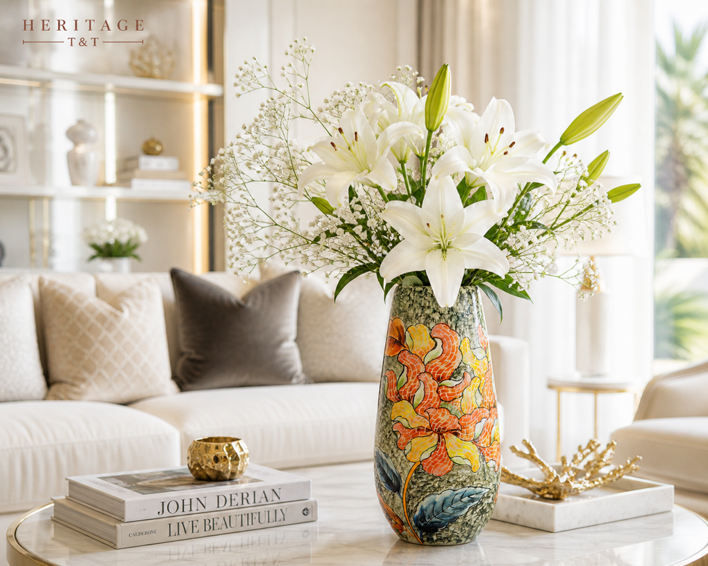 Handmade Mosaic Ceramic Vase – Flower Design  – 36.5 cm (14.4 in) – Home Décor – Heritage T&T Mosaic Collection – Bat Trang Vietnam