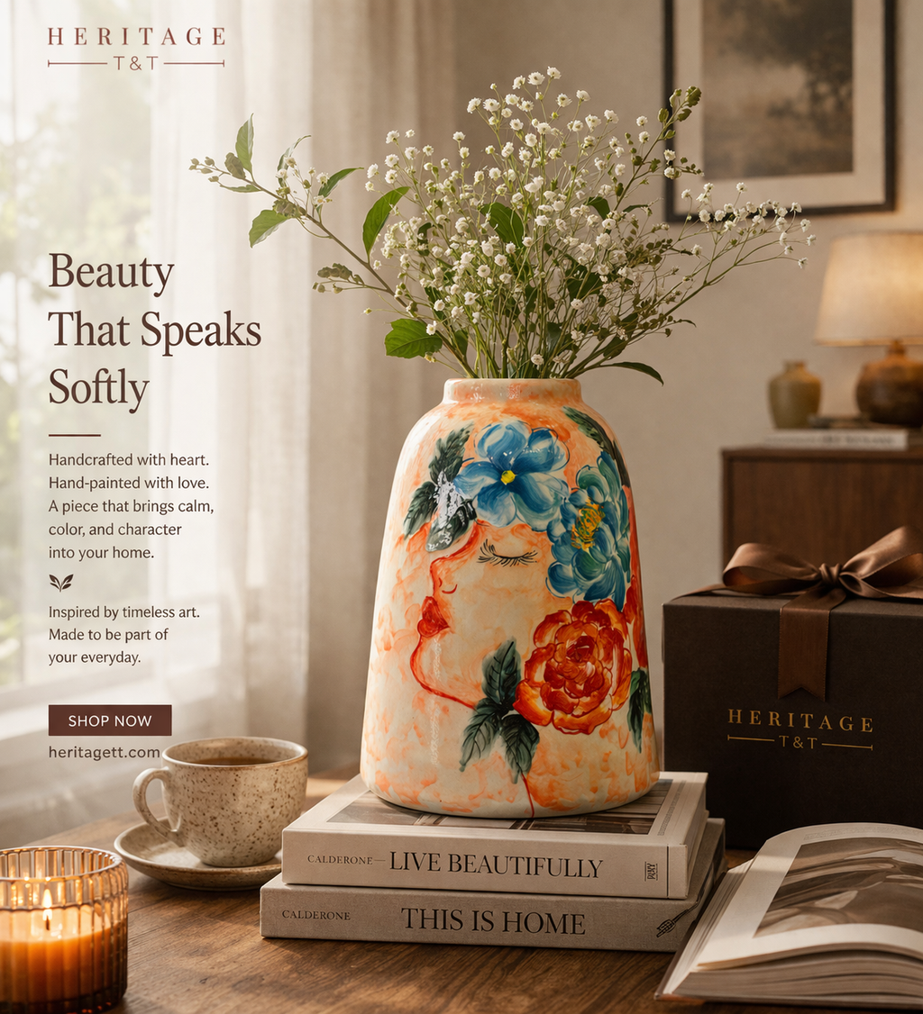 Handmade Ceramic Vase 26 cm – Decorative Floral Vase – Bat Trang Pottery – Hand Painted Art Vase – Home Decor – HERITAGE T&T