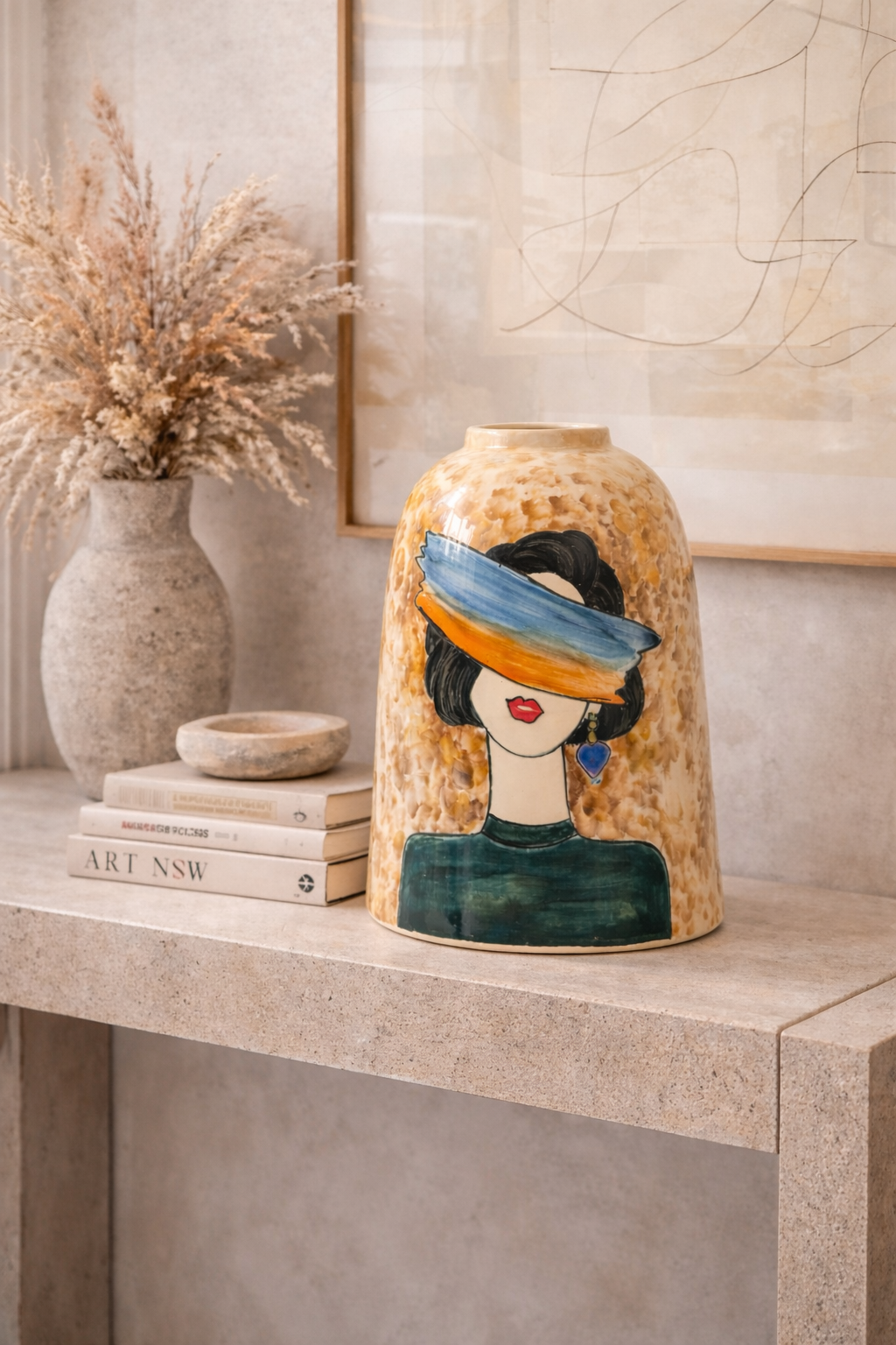 Handmade Mosaic Ceramic Vase – Abstract Lady Face Design – 10.2 in (26 cm) – Bat Trang Vietnam Home Decor