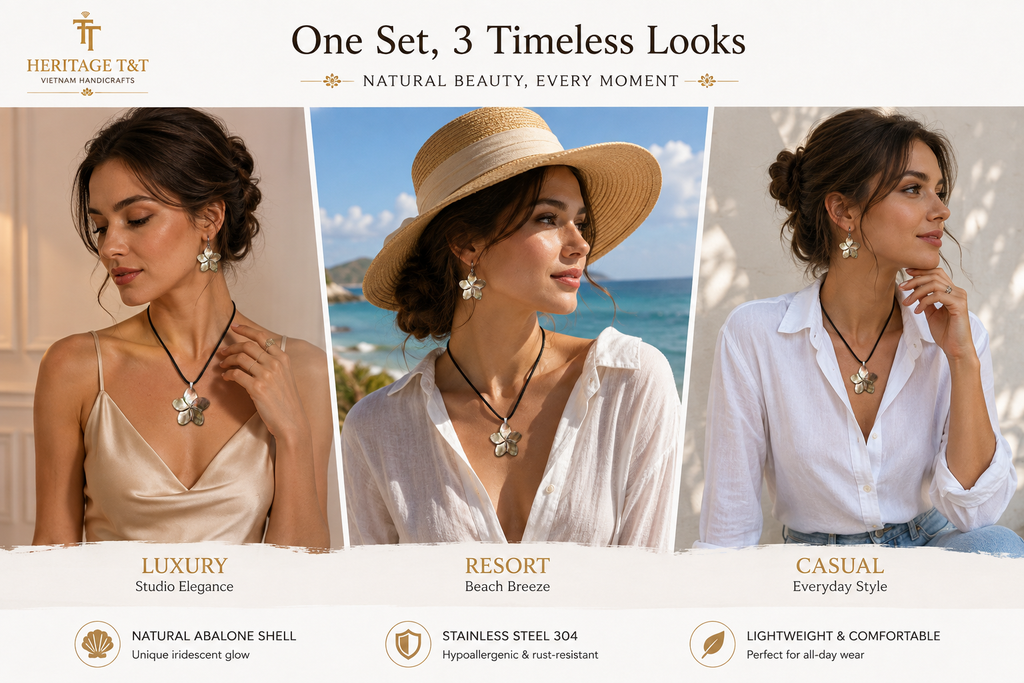 Floral Abalone and Mother of Pearl Necklace and Earrings Set – Heritage TT