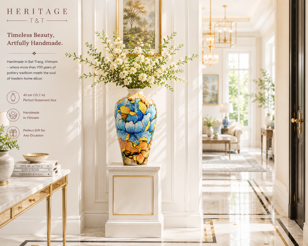 Handmade Mosaic Ceramic Vase – Flower Design  – 40 cm (15.7 in) – Home Décor – Heritage T&T Mosaic Collection – Bat Trang Vietnam