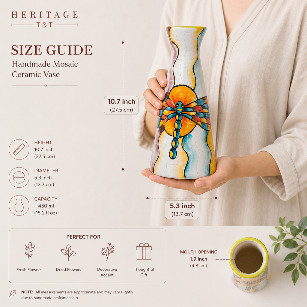 Handmade Mosaic Ceramic Vase – Dragonfly Design  – 27.5 cm (10.8 in) – Home Décor – Heritage T&T Mosaic Collection – Bat Trang Vietnam