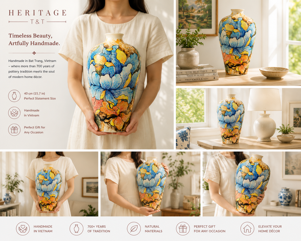 Handmade Mosaic Ceramic Vase – Flower Design  – 40 cm (15.7 in) – Home Décor – Heritage T&T Mosaic Collection – Bat Trang Vietnam