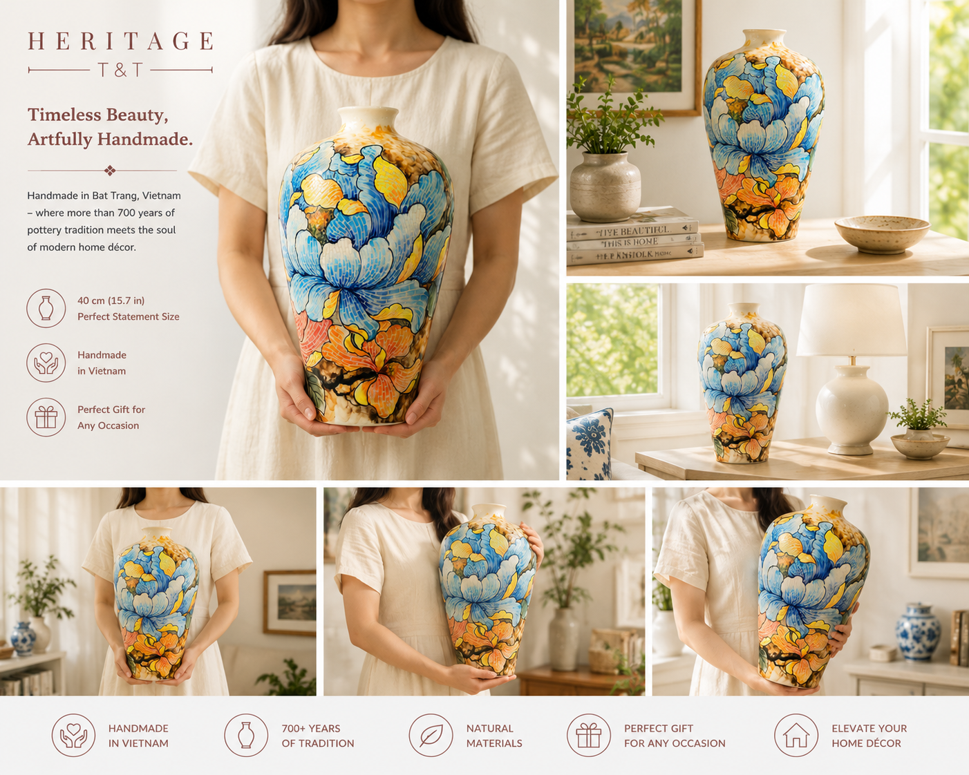 Handmade Mosaic Ceramic Vase – Flower Design  – 40 cm (15.7 in) – Home Décor – Heritage T&T Mosaic Collection – Bat Trang Vietnam