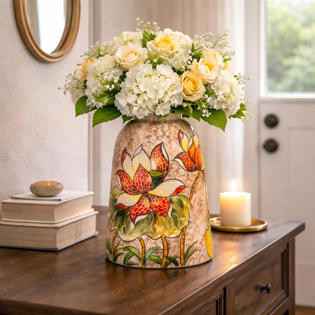 Handmade Mosaic Ceramic Vase – Lotus Design  – 26 cm (10.2 in) – Home Décor – Heritage T&T Mosaic Collection – Bat Trang Vietnam