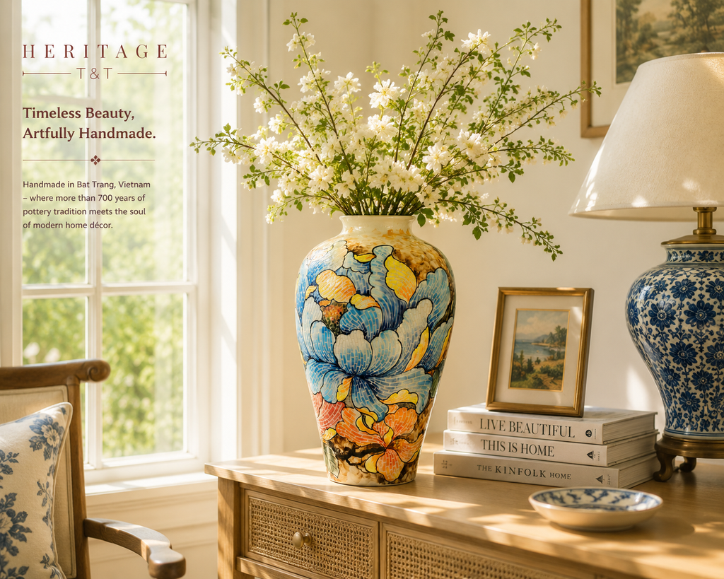Handmade Mosaic Ceramic Vase – Flower Design  – 40 cm (15.7 in) – Home Décor – Heritage T&T Mosaic Collection – Bat Trang Vietnam