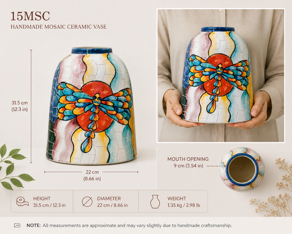 Handmade Mosaic Ceramic Vase – Dragonfly Design  – 20 cm (7.9 in) – Home Décor – Heritage T&T Mosaic Collection – Bat Trang Vietnam