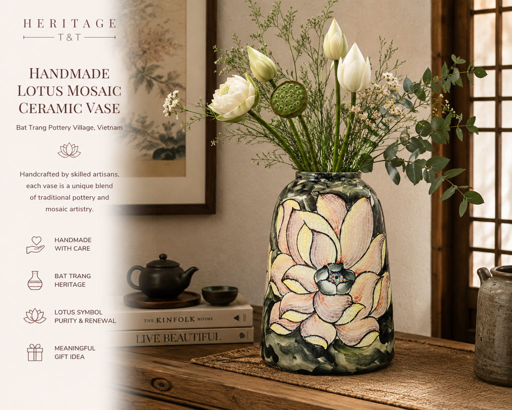 Handmade Mosaic Ceramic Vase – Lotus Design  – 31.5 cm (12.4 in) – Home Décor – Heritage T&T Mosaic Collection – Bat Trang Vietnam