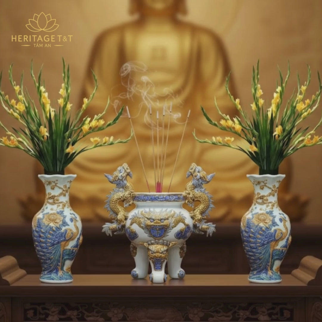 Heritage T&T Tall Peach Prosperity Vase Tâm An Height 56.5 cm (22.2 in) – 1 Pair – Bat Trang Handmade Vietnam