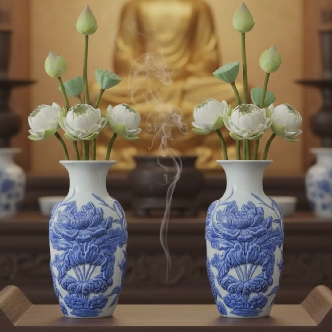 Heritage T&T Lotus Flower Vase Altar Tâm An  – 1 Pair – Bat Trang Handmade Vietnam