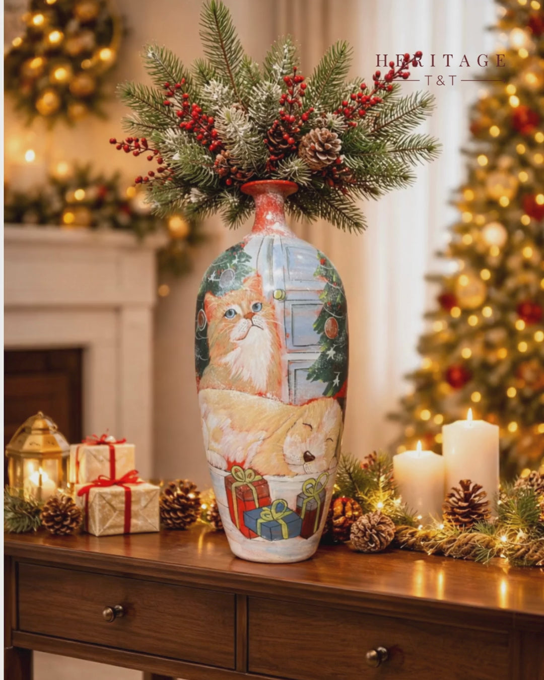 Handmade Ceramic Vase Pet Collection Cat Design 51 cm Bat Trang Pottery Hand Painted Home Decor HERITAGE T&T