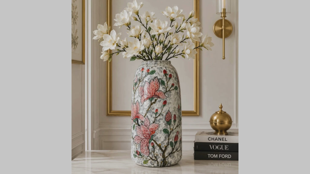 Handmade Mosaic Ceramic Vase Magnolia Design 40 cm Bat Trang Pottery Hand Painted Home Decor HERITAGE T&T