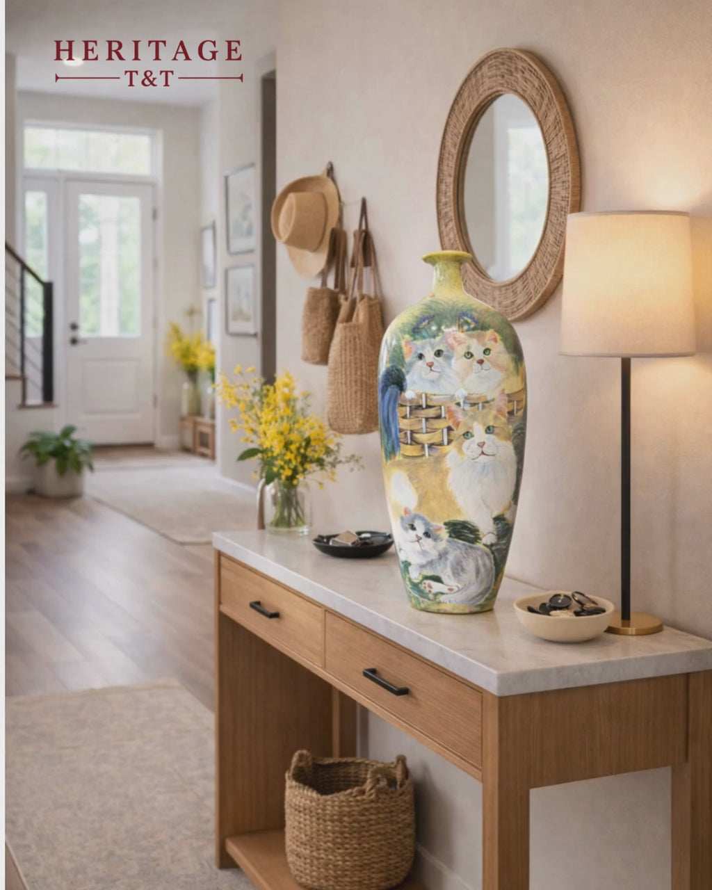 Handmade Mosaic Ceramic Vase – Cat Design  – 51 cm (20.1 in) – Home Décor – Heritage T&T Mosaic Collection – Bat Trang Vietnam