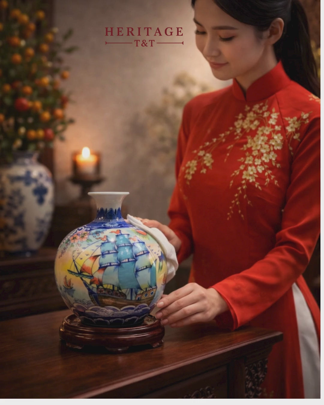 Handmade Ceramic Vase – Tai Loc Design  – 25 cm (9.8 in) – Home Décor – Heritage T&T – Bat Trang Vietnam