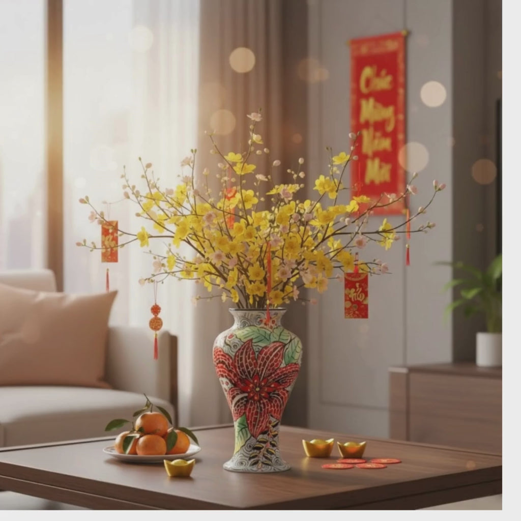 Handmade Mosaic Ceramic Vase – Flower Design  – 35 cm (13.8 in) – Home Décor – Heritage T&T Mosaic Collection – Bat Trang Vietnam