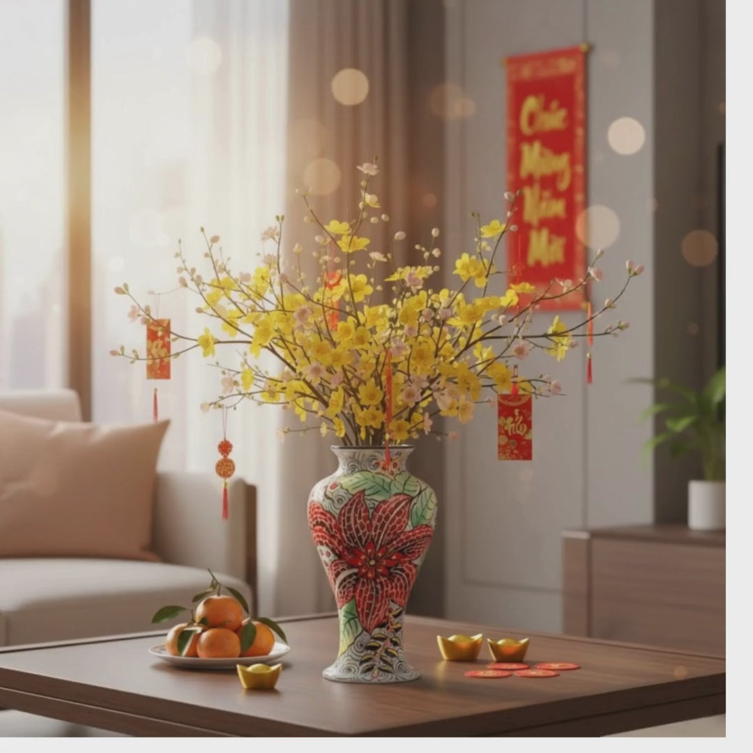 Handmade Mosaic Ceramic Vase – Flower Design  – 35 cm (13.8 in) – Home Décor – Heritage T&T Mosaic Collection – Bat Trang Vietnam