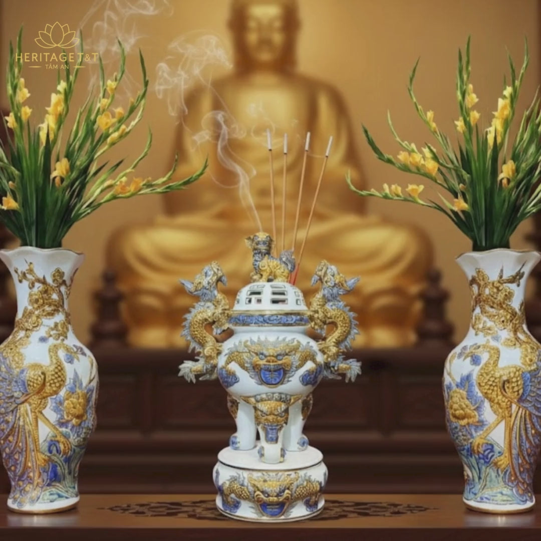 Heritage T&T Peach Flower Vase Altar Tâm An  – 1 Pair – Bat Trang Handmade Vietnam