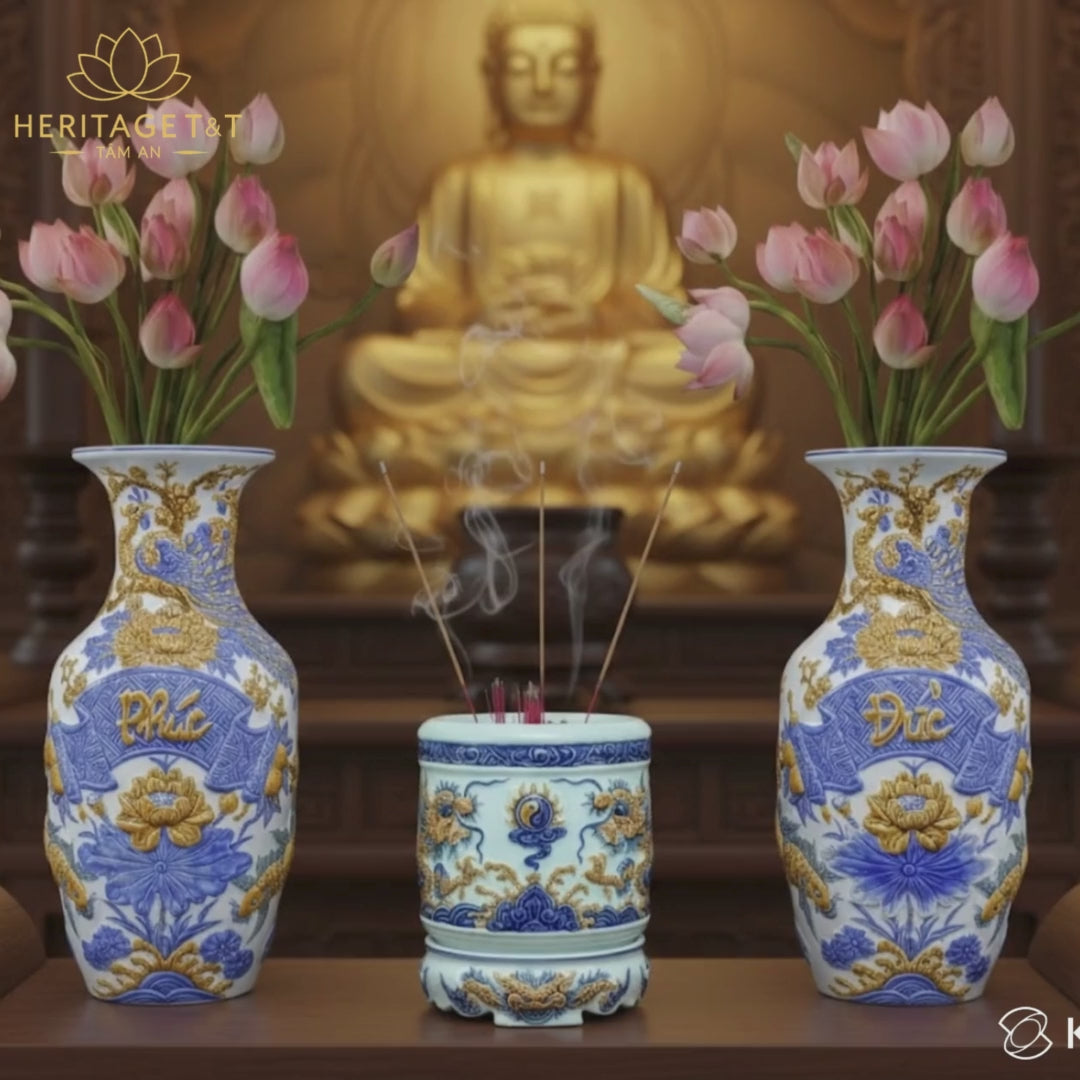 Heritage T&T Prosperity Vase Phuc Duc Tâm An – 1 Pair – Bat Trang Handmade Vietnam