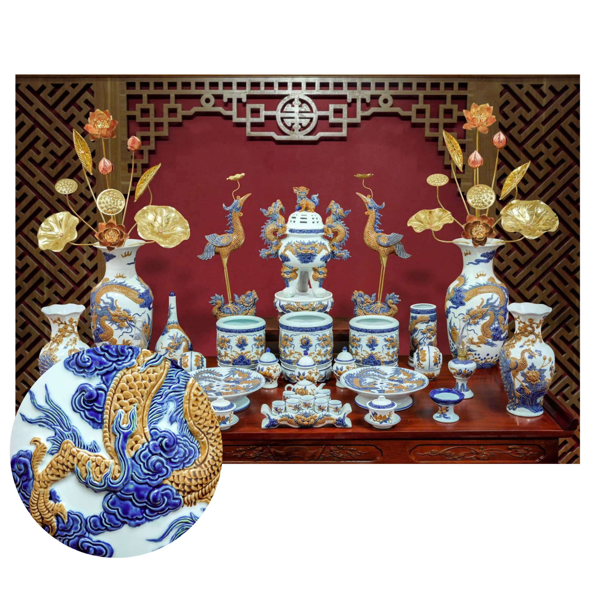 Heritage T&T Imperial Altar Set with Cranes Tâm An  – 1 Set (3 Pieces) – Bat Trang Handmade Vietnam