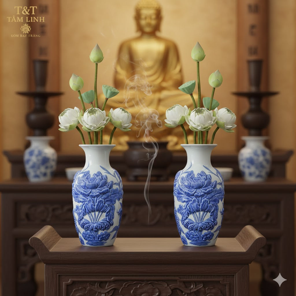 Heritage T&T Lotus Flower Vase Altar Tâm An  – 1 Pair – Bat Trang Handmade Vietnam