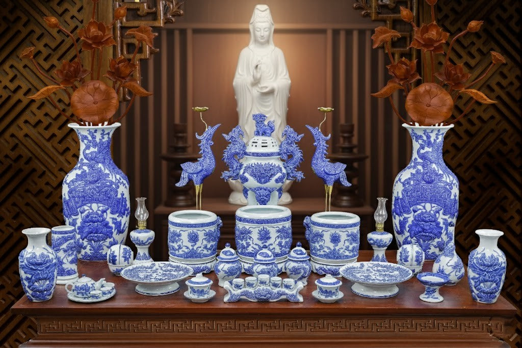 Heritage T&T Dragon Flower Vase Altar Tâm An blue Glaze  – 1 Pair – Bat Trang Handmade Vietnam (Copy)