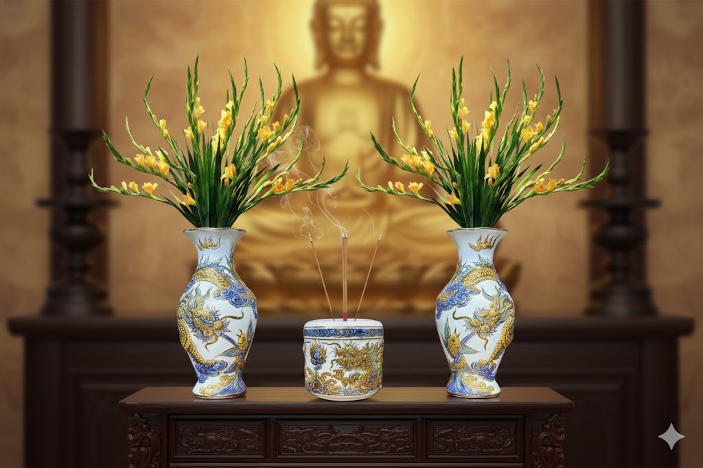 Heritage T&T Dragon Flower Vase Altar Tâm An blue Glaze  – 1 Pair – Bat Trang Handmade Vietnam (Copy)