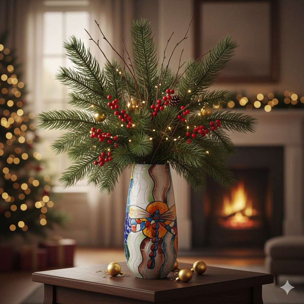 Handmade Mosaic Ceramic Vase – Dragonfly Design  – 29 cm (11.4 in) – Home Décor – Heritage T&T Mosaic Collection – Bat Trang Vietnam