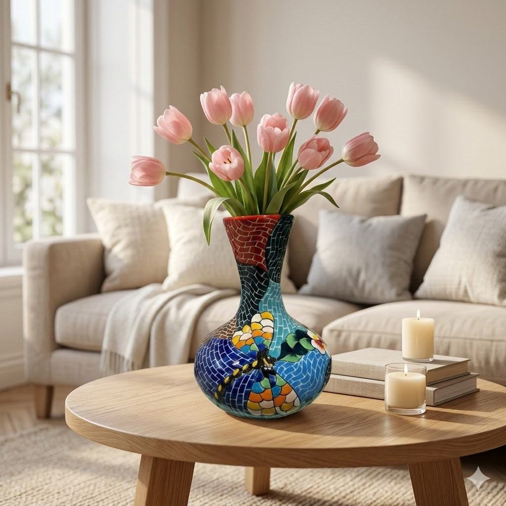Handmade Mosaic Ceramic Vase – Dragonfly Design  – 28 cm (11 in) – Home Décor – Heritage T&T Mosaic Collection – Bat Trang Vietnam