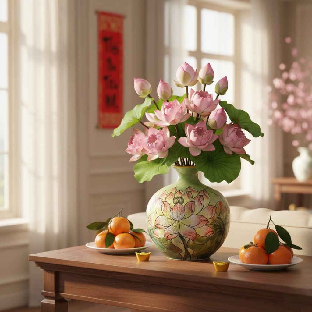 Handmade Mosaic Ceramic Vase – Lotus Design  – 25 cm (9.8 in) – Home Décor – Heritage T&T Mosaic Collection – Bat Trang Vietnam