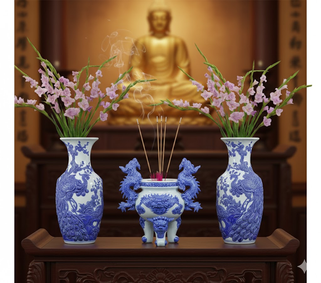 Heritage T&T Peach Flower Vase Altar Tâm An  – 1 Pair – Bat Trang Handmade Vietnam