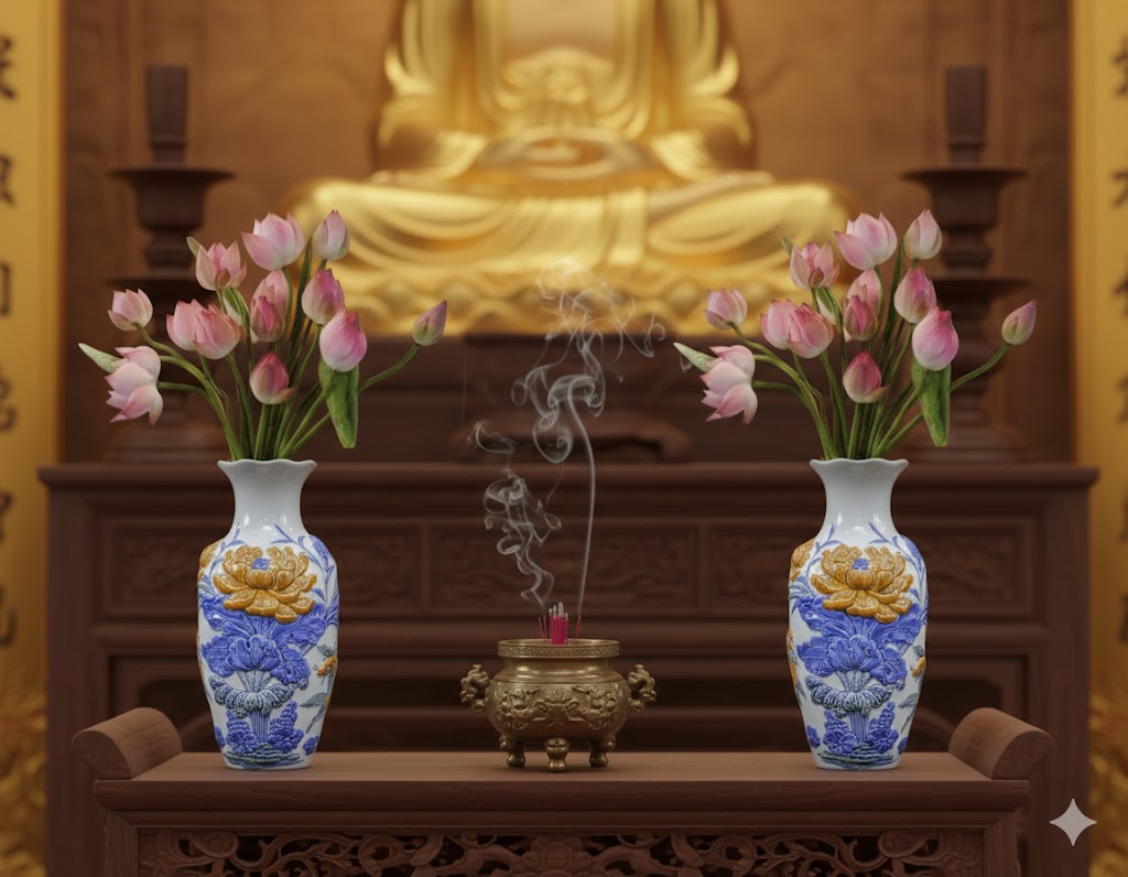 Heritage T&T Lotus Flower Vase Altar Tâm An  – 1 Pair – Bat Trang Handmade Vietnam