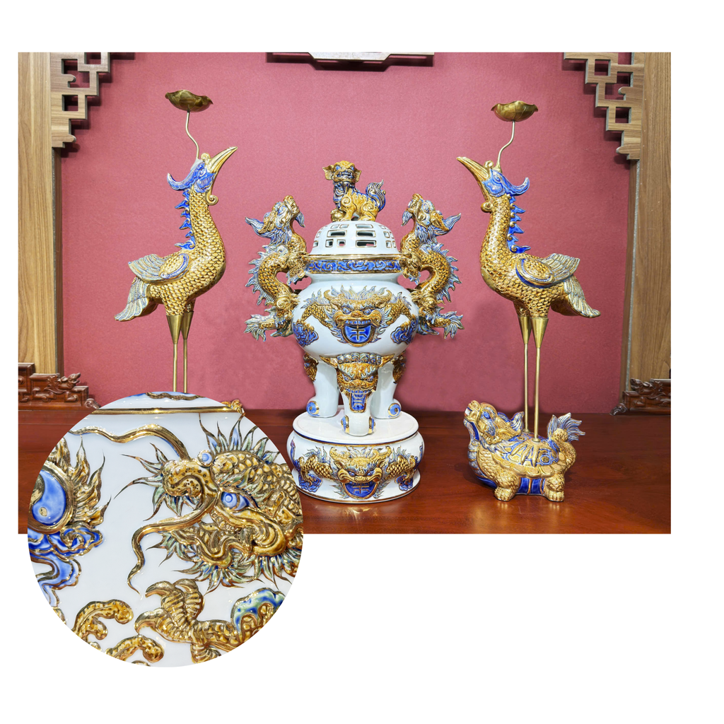 Heritage T&T Ceramic Altar Crane Pair Tâm An – Set of 2 – Bat Trang Vietnam